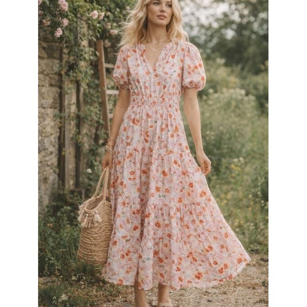 Melloday Floral Tiered Maxi Dress Puff Sleeve pockets Pink A-Line S